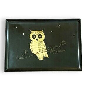 Vintage Couroc Owl Starry Night Black Serving Tray Barware Large